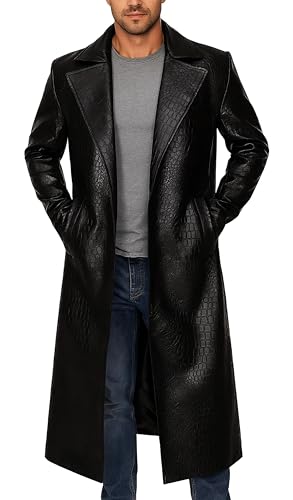 Amazon.com: Mens Snakeskin Print Leather Trench Coat - Black